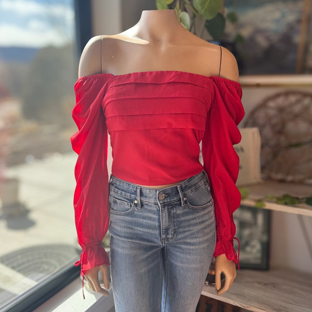 NWT, Francesca's Max Red Pleated Square Neck Tie Cuff Top, multiple sizes - Picture 2 of 8